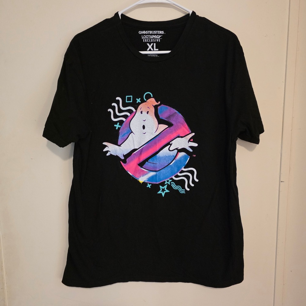 Ghostbusters Mens Graphic T Shirt Size XL Black LootWear Neon Logo Retro Movie